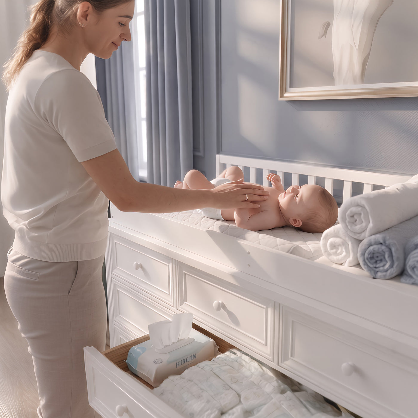 Solid Wood Changing Table with Drawers and Round Knob Handles