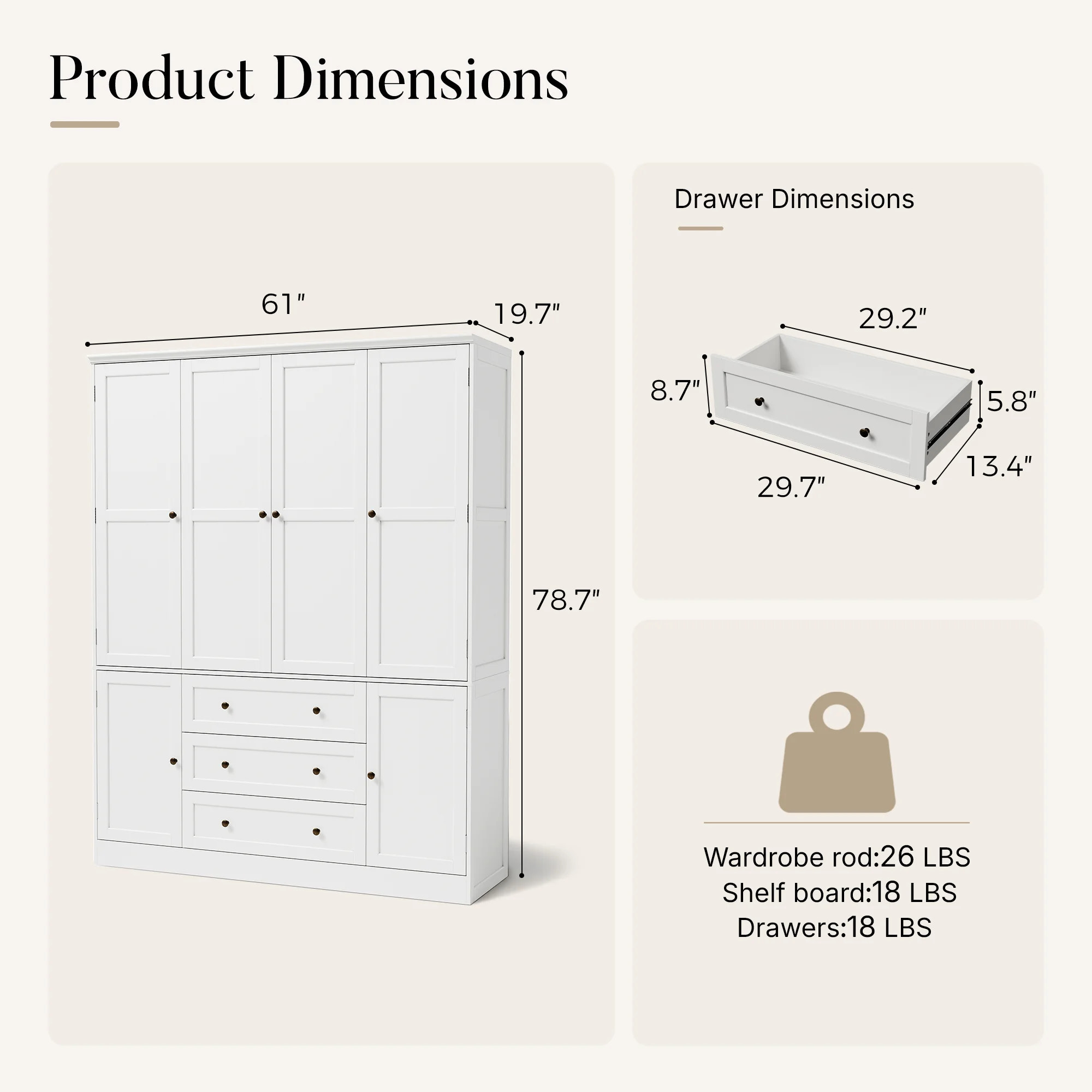 6-Door Wardrobe Armoire with Drawers - White