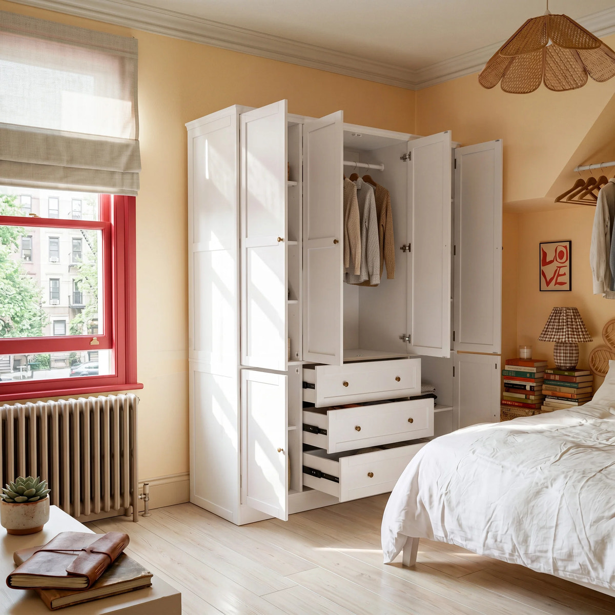 6-Door Wardrobe Armoire with Drawers - White