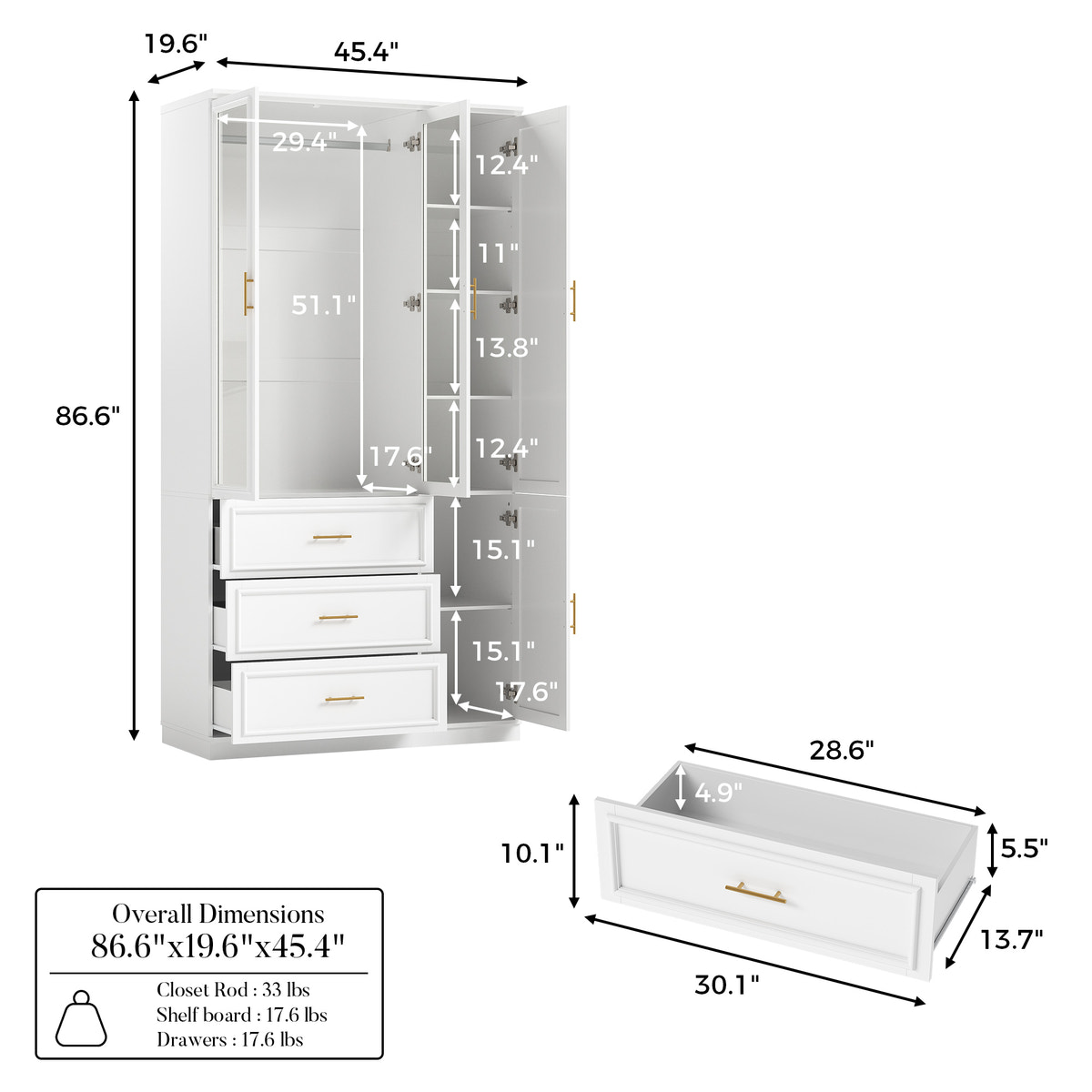 3-Door Wardrobe Armoire with Drawers