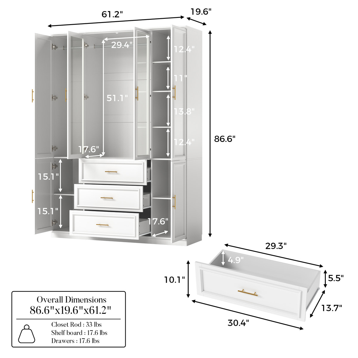 4-Door Wardrobe Armoire with Drawers
