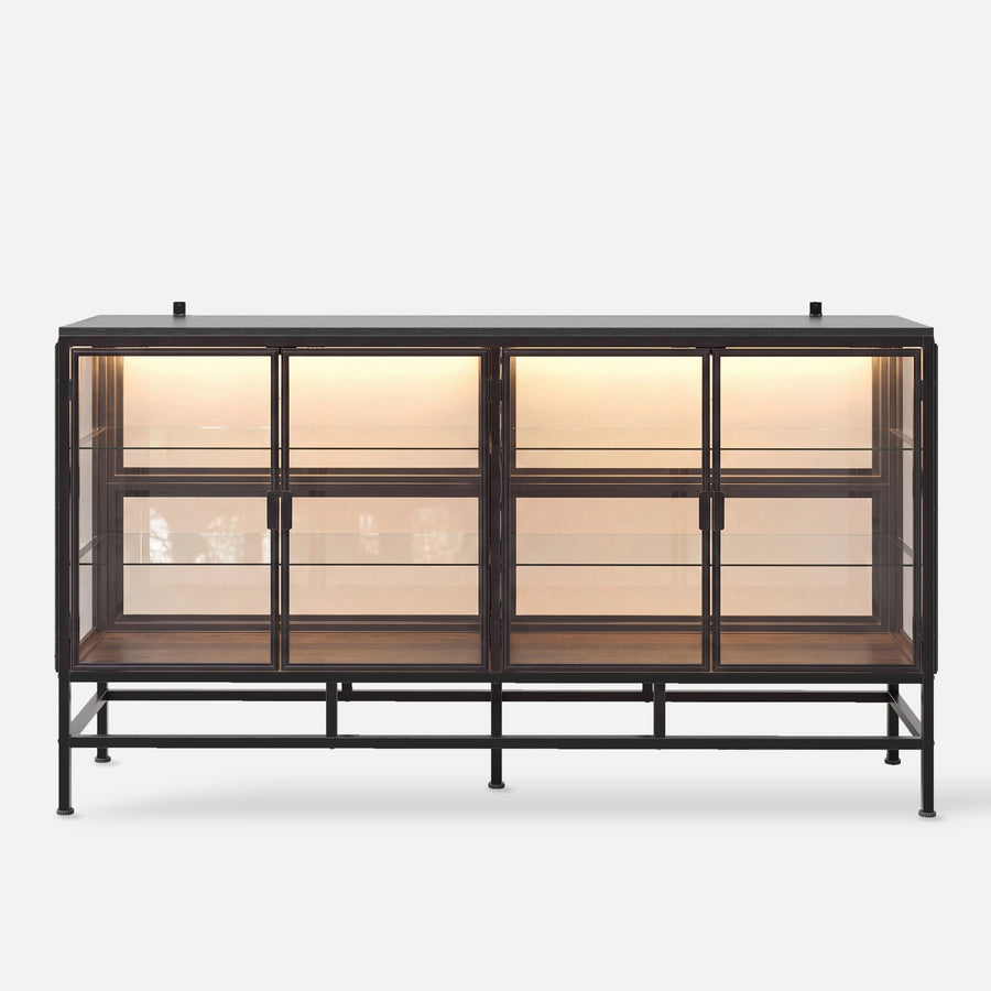 4-Door Display Cabinet with Glass Shelves and Iron Legs