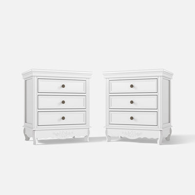White Classic 3-Drawer Nightstand with Metal Handles, Set of 2