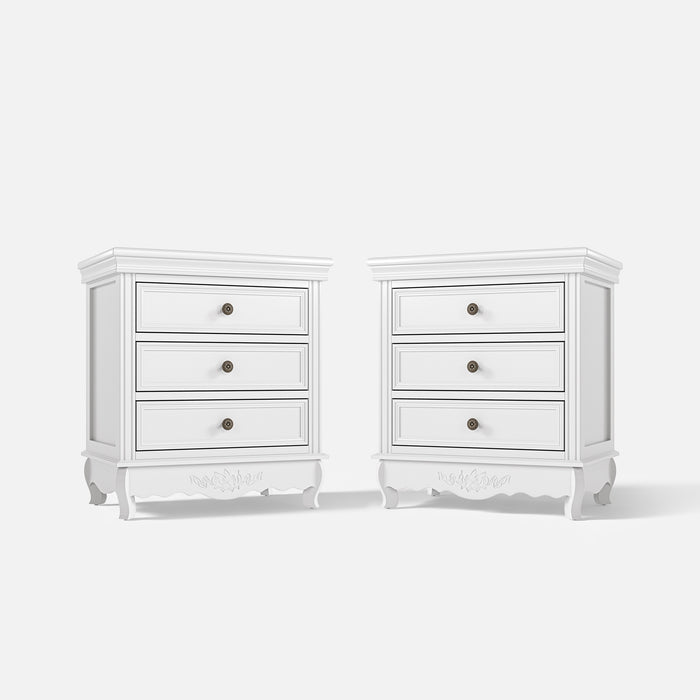 White Classic 3-Drawer Nightstand with Metal Handles, Set of 2
