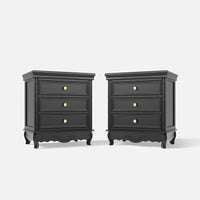 Black Classic 3-Drawer Nightstand with Metal Handles, Set of 2
