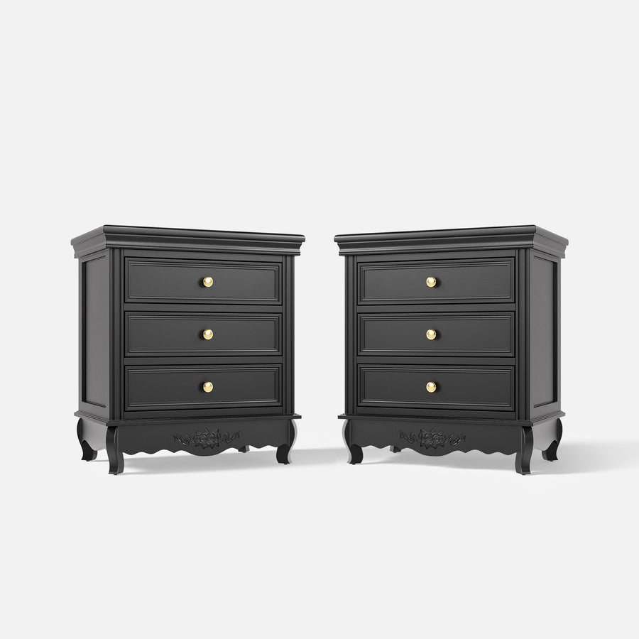 Black Classic 3-Drawer Nightstand with Metal Handles, Set of 2