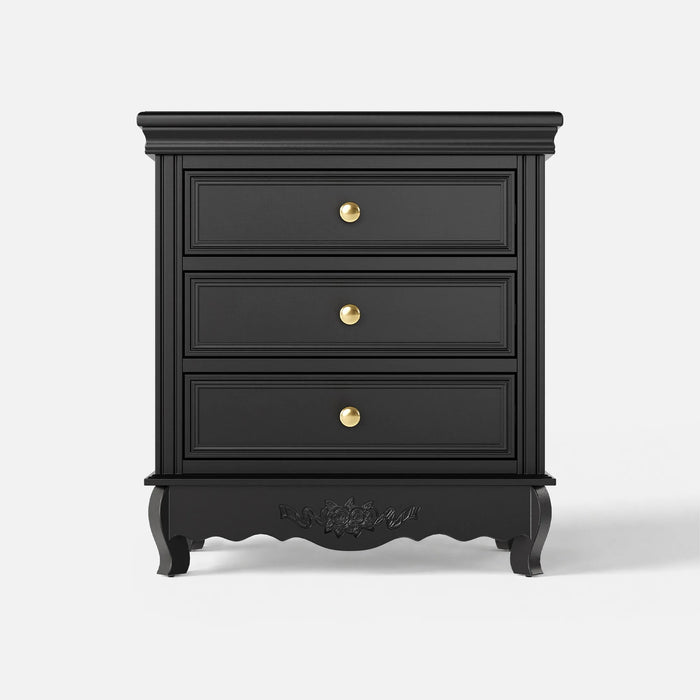 Black Classic 3-Drawer Nightstand with Metal Handles