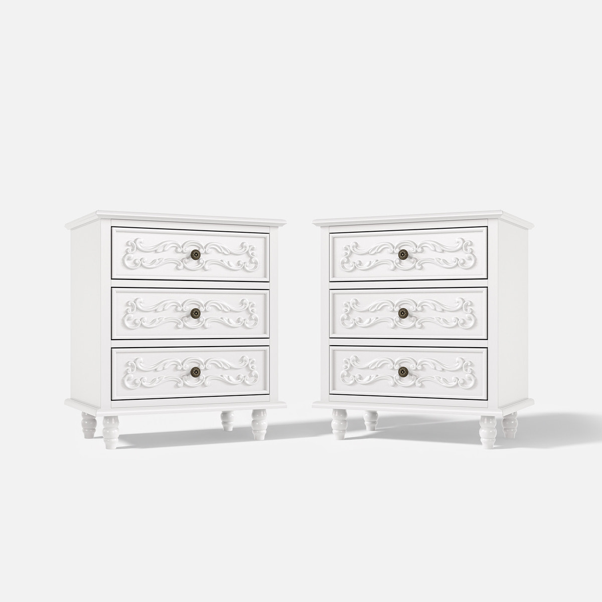 White Carved 3-Drawer Nightstand with Metal Handles, Set of 2