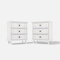 White Carved 3-Drawer Nightstand with Metal Handles, Set of 2