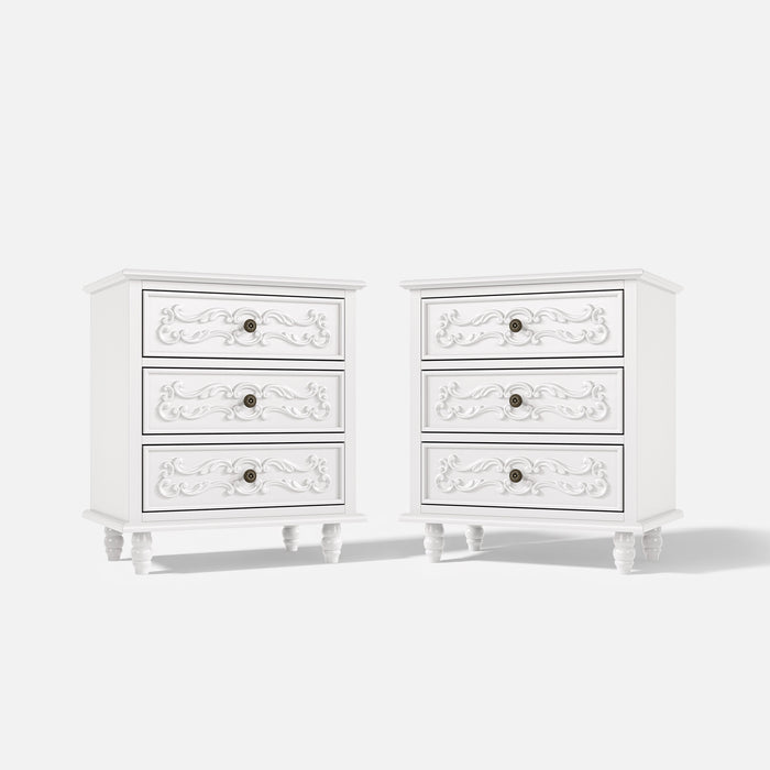 White Carved 3-Drawer Nightstand with Metal Handles, Set of 2