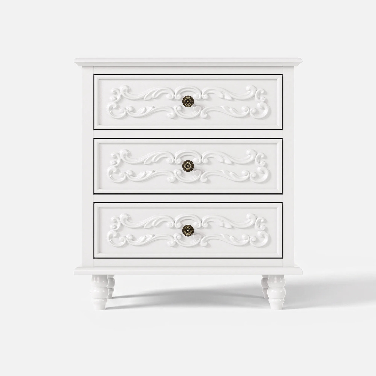 White Carved 3-Drawer Nightstand with Metal Handles