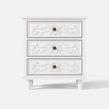 White Carved 3-Drawer Nightstand with Metal Handles