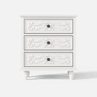 White Carved 3-Drawer Nightstand with Metal Handles