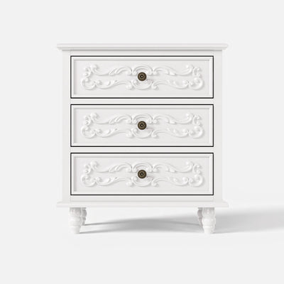 White Carved 3-Drawer Nightstand with Metal Handles