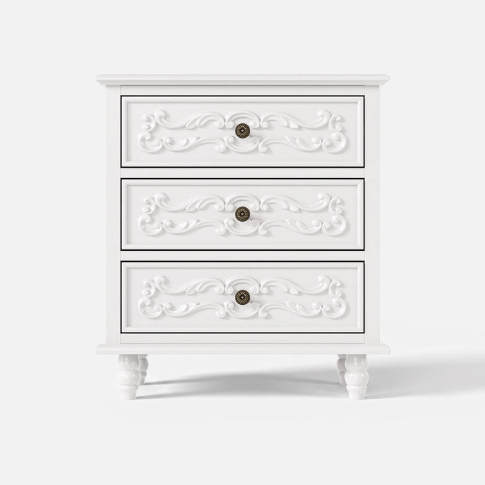 White Carved 3-Drawer Nightstand with Metal Handles