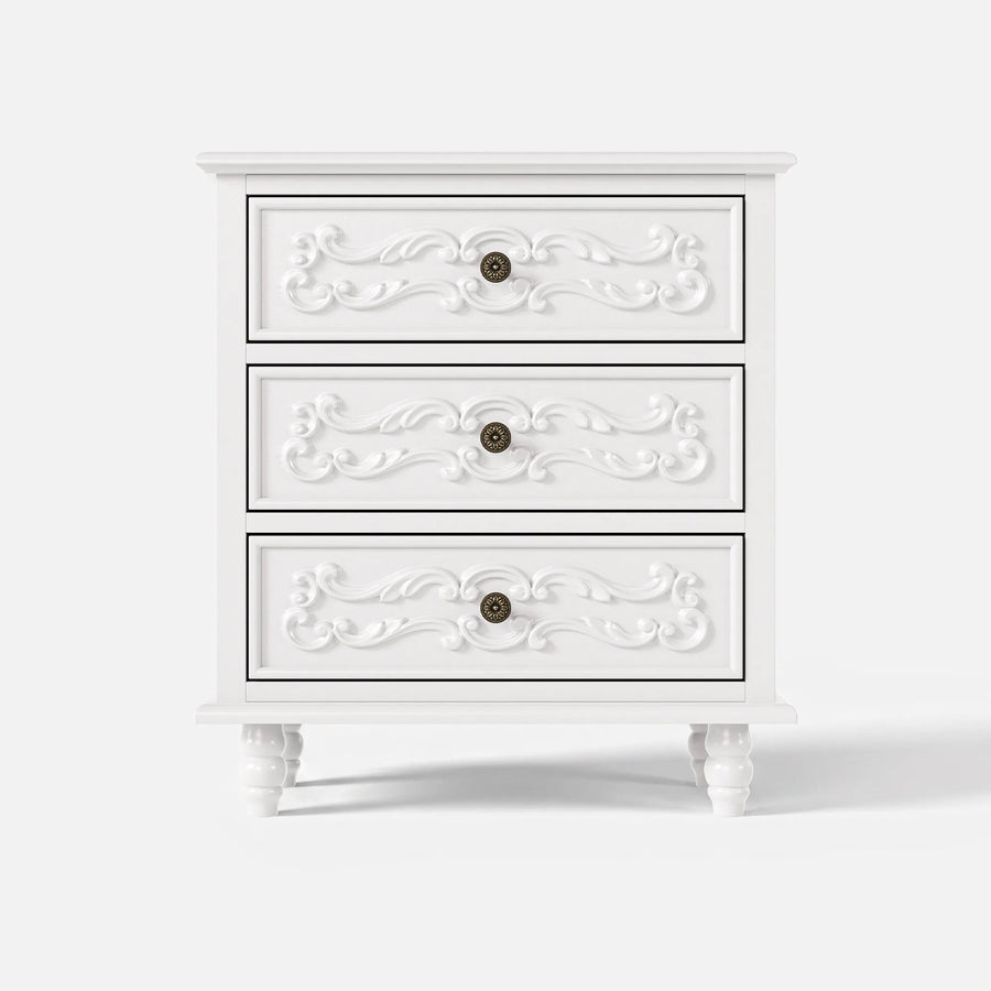 White Carved 3-Drawer Nightstand with Metal Handles