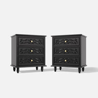 Black Carved 3-Drawer Nightstand with Metal Handles, Set of 2