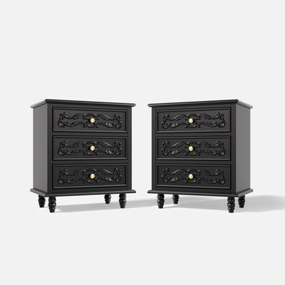 Black Carved 3-Drawer Nightstand with Metal Handles, Set of 2