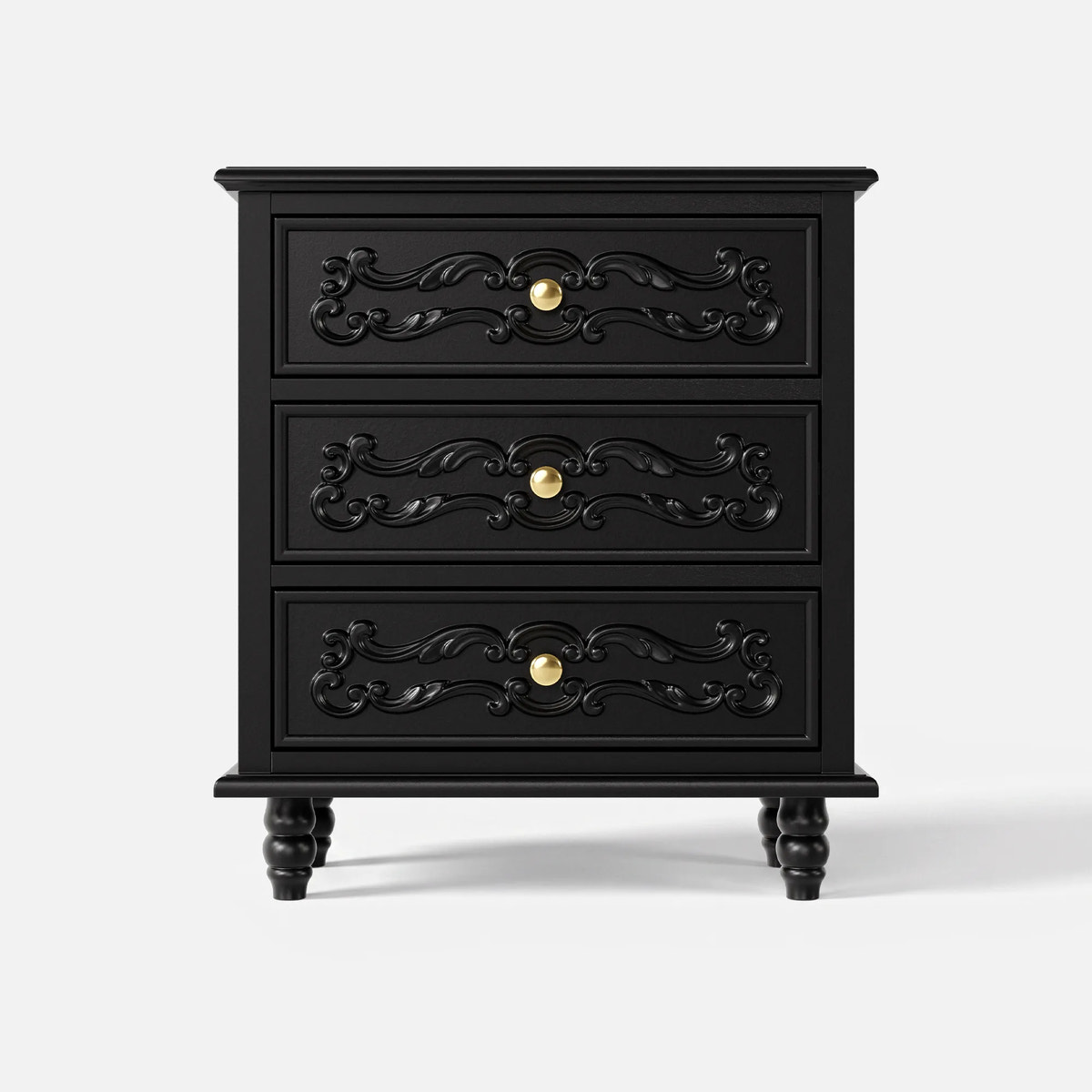 Black Carved 3-Drawer Nightstand with Metal Handles