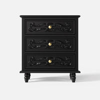 Black Carved 3-Drawer Nightstand with Metal Handles