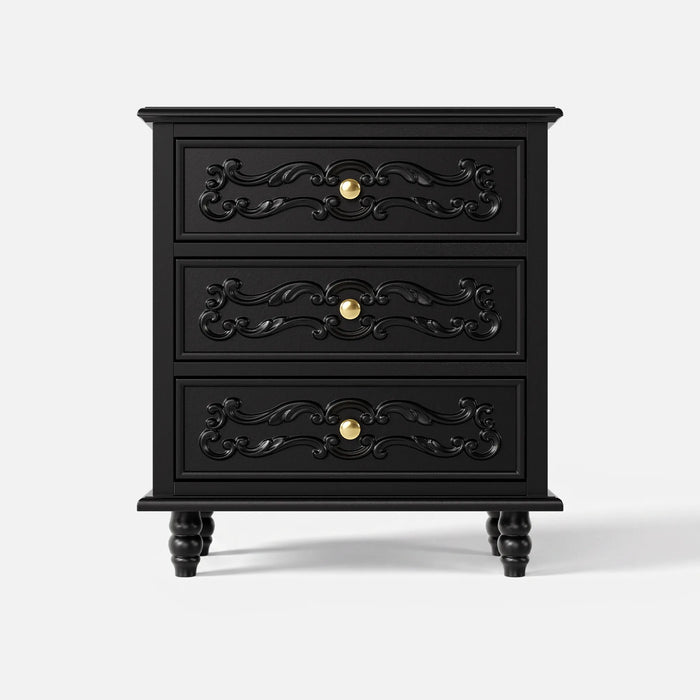 Black Carved 3-Drawer Nightstand with Metal Handles