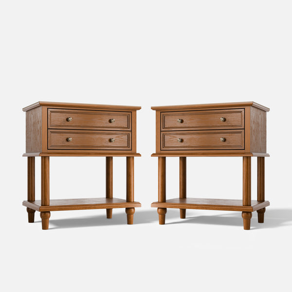 Walnut 2-Drawer Nightstand with Open Shelf, Set of 2
