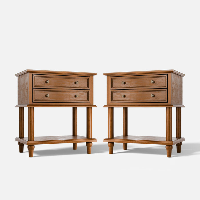 Walnut 2-Drawer Nightstand with Open Shelf, Set of 2