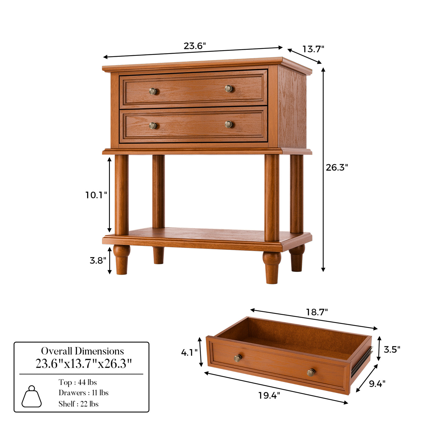 Walnut 2-Drawer Nightstand with Open Shelf
