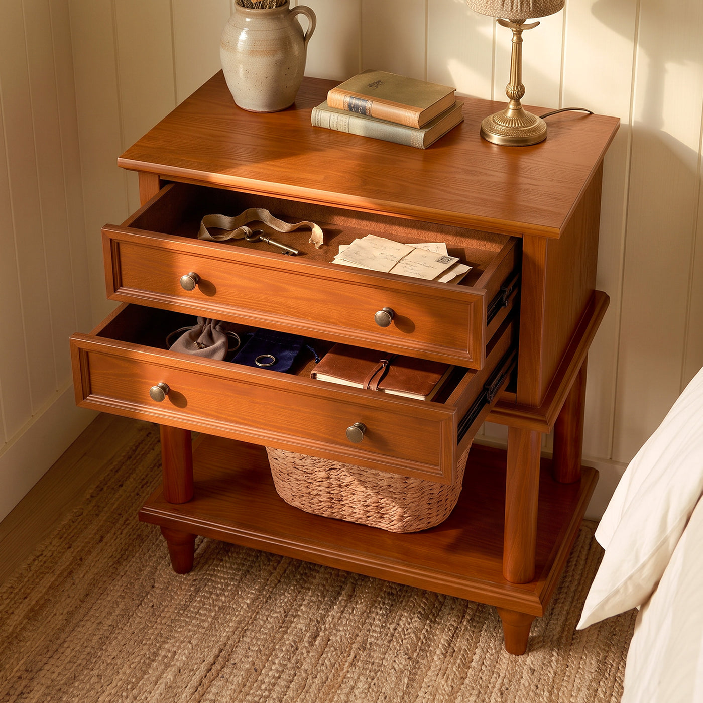 Walnut 2-Drawer Nightstand with Open Shelf