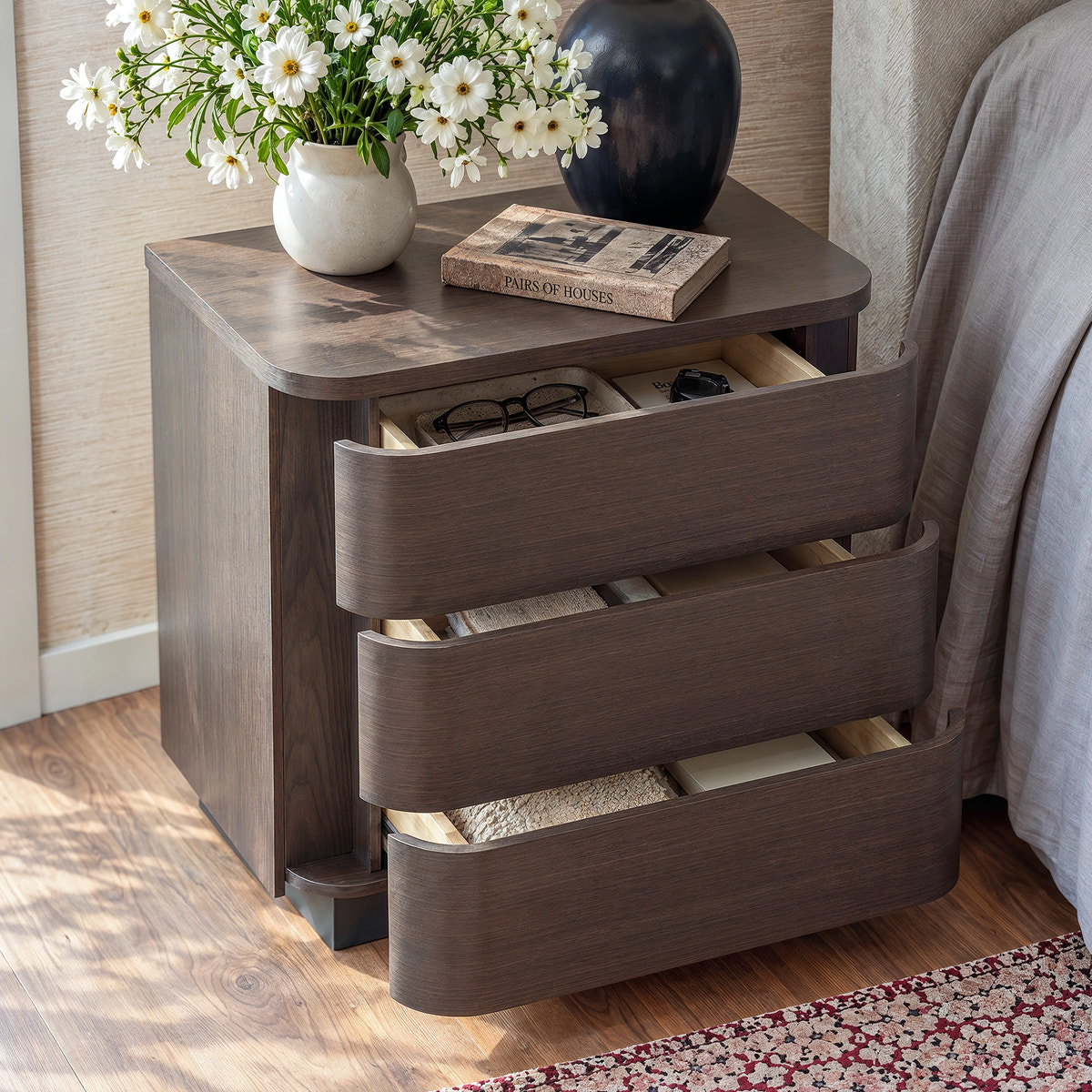 Orbis 3-Drawer Curved Dresser – Dark Walnut