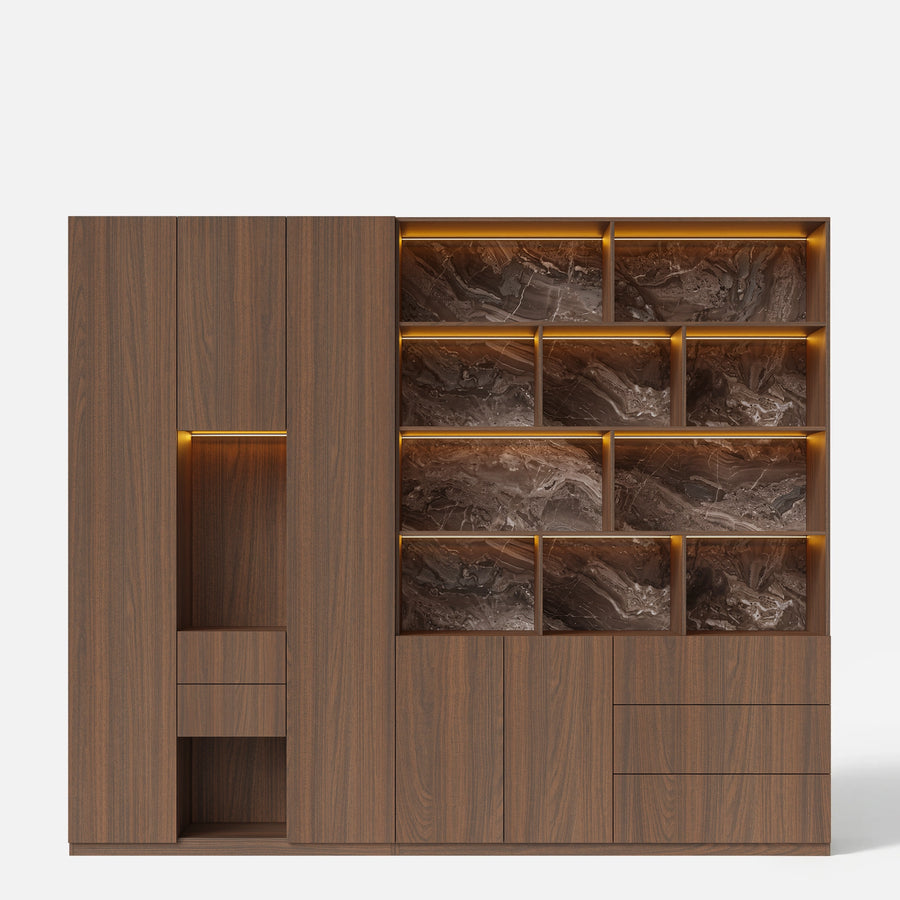 Modular Display Cabinet Set with Drawers-Brown