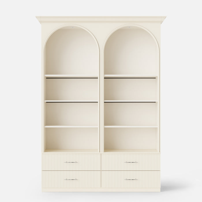 Arched Display Cabinet with Open Shelving, Drawers and Integrated Lighting