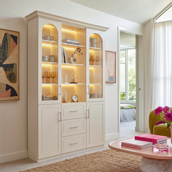 Arched Display Cabinet with Mixed Storage and Integrated Lighting