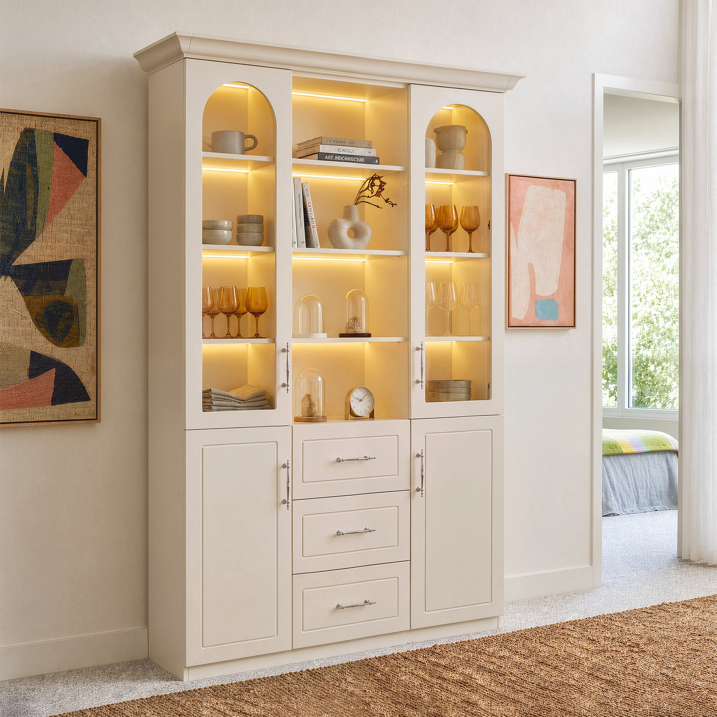 Arched Display Cabinet with Mixed Storage and Integrated Lighting