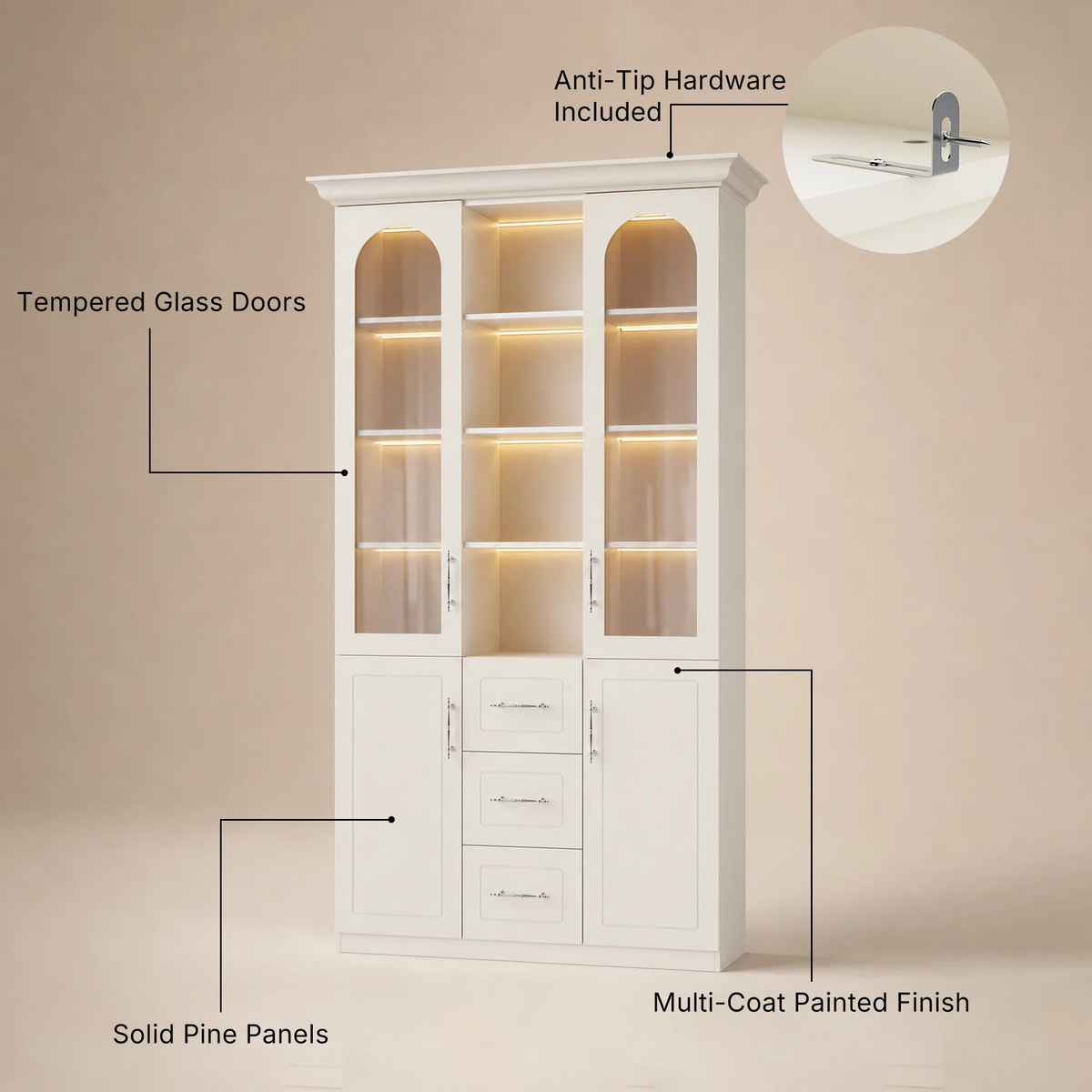 Arched Display Cabinet with Mixed Storage and Integrated Lighting