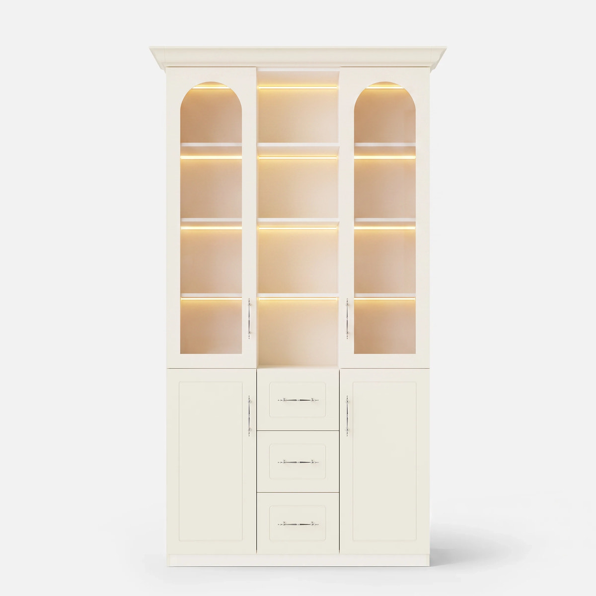 Arched Display Cabinet with Mixed Storage and Integrated Lighting