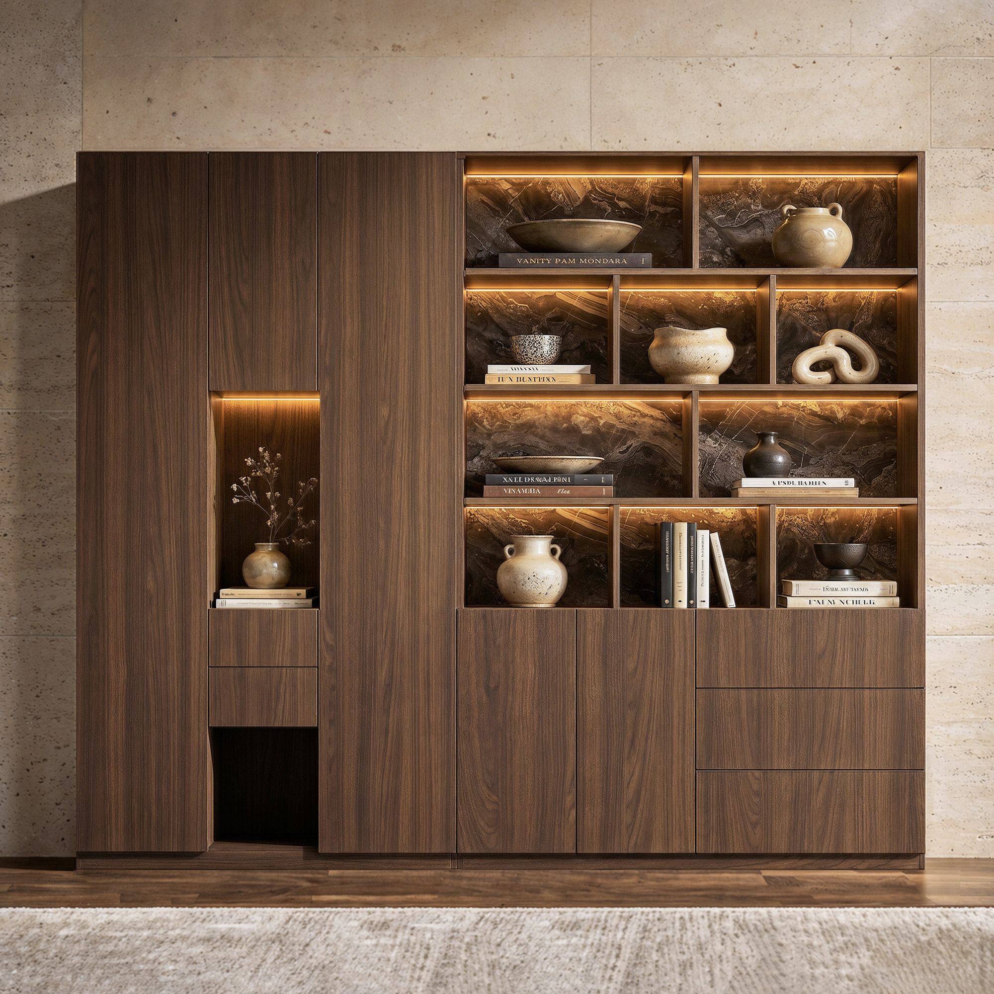 Modular Display Cabinet Set with Drawers-Brown