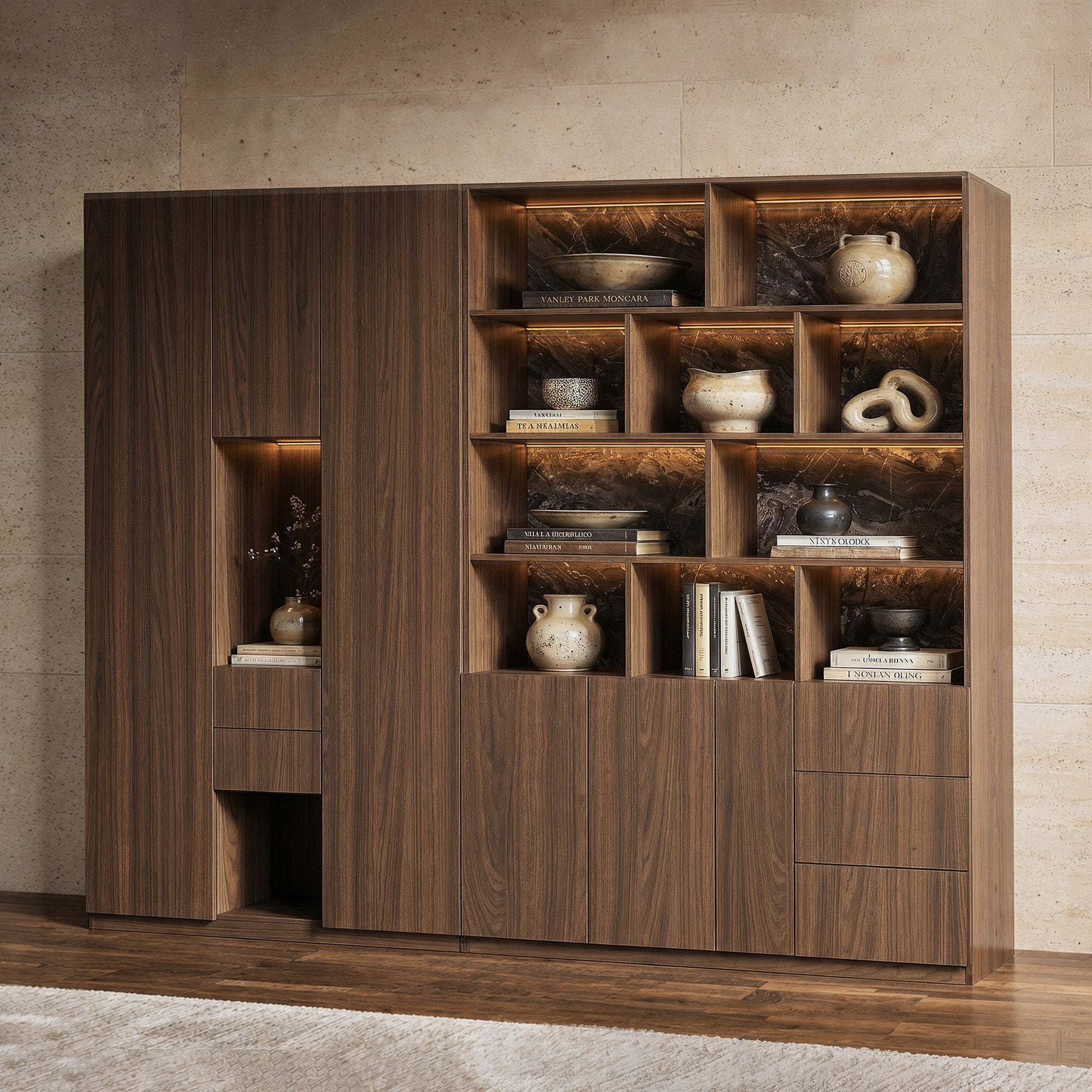 Modular Display Cabinet Set with Drawers-Brown