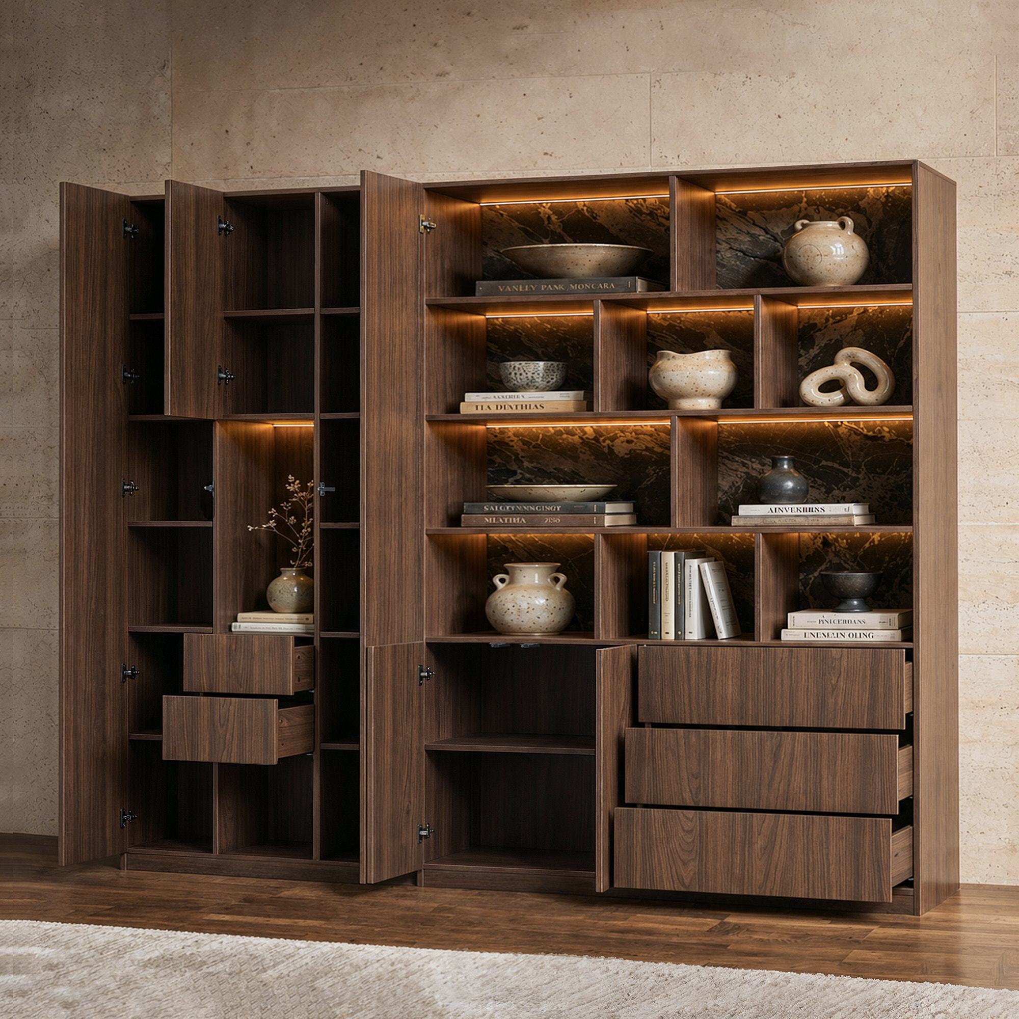 Modular Display Cabinet Set with Drawers-Brown