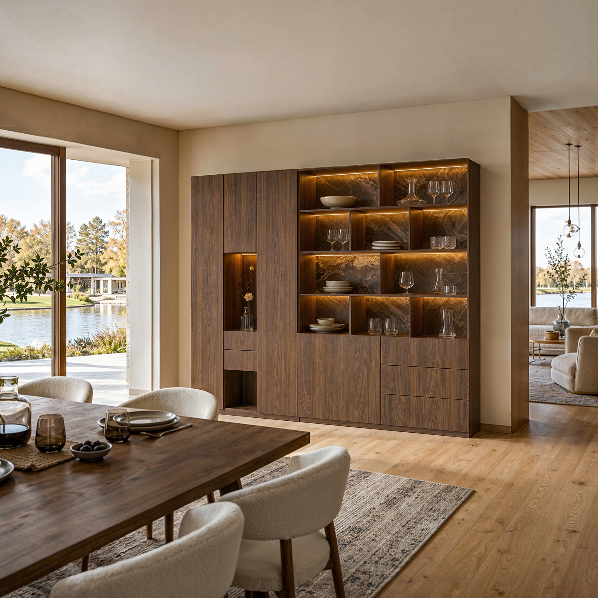 Modular Display Cabinet Set with Drawers-Brown