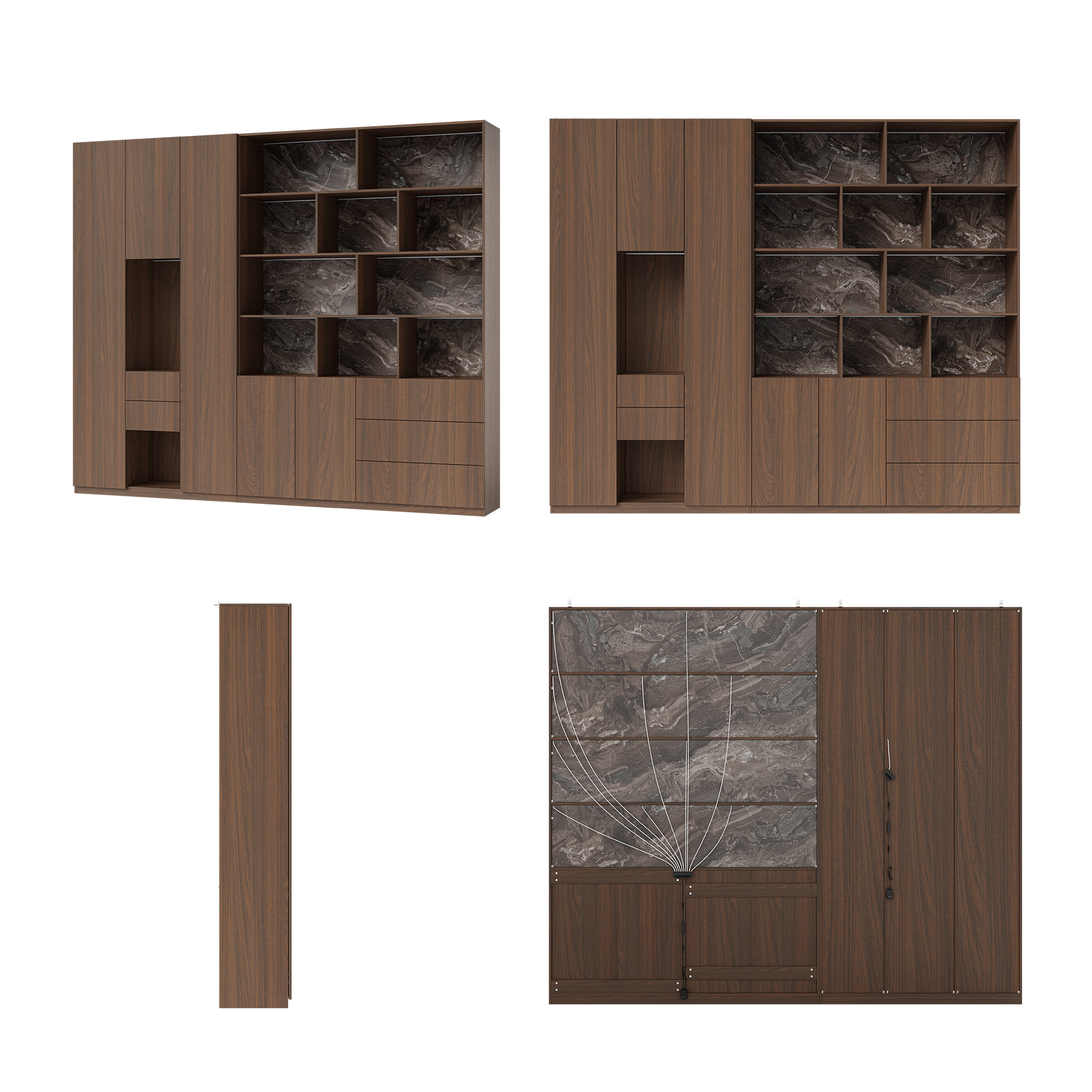 Modular Display Cabinet Set with Drawers-Brown