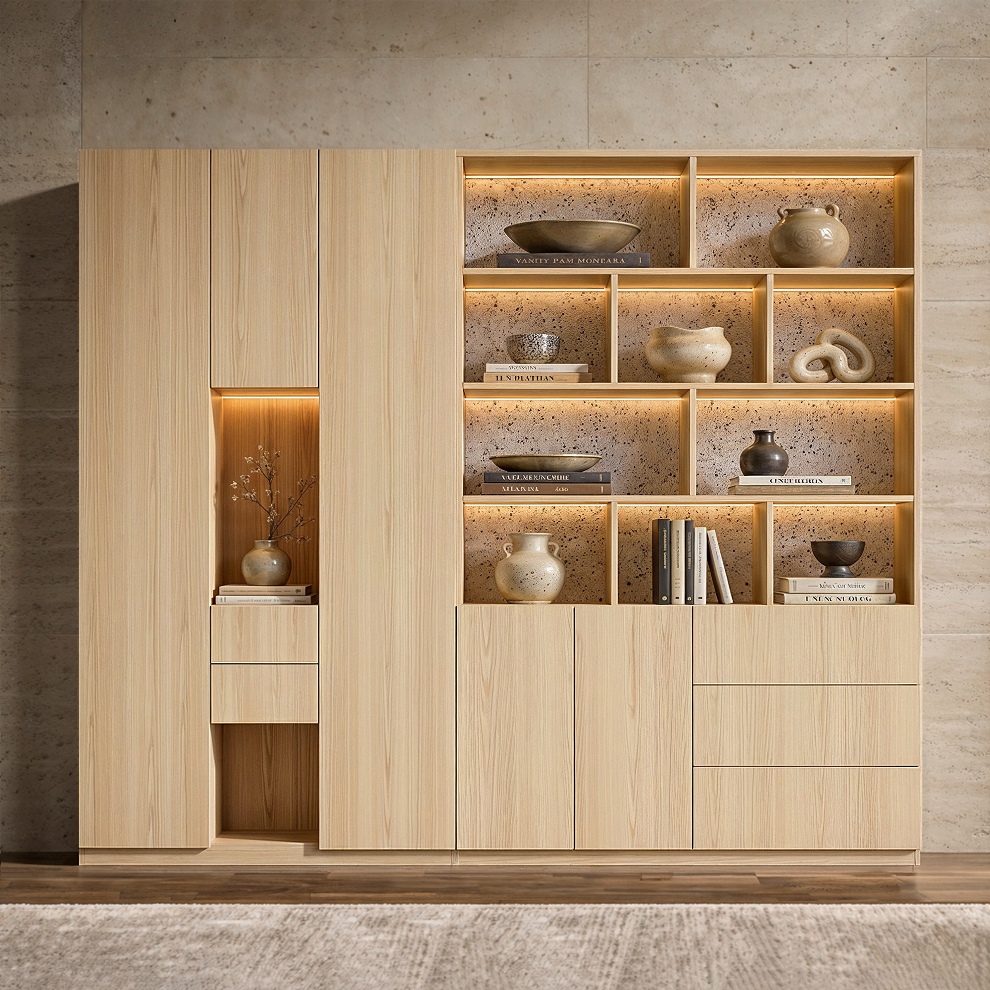 Modular Display Cabinet Set with Drawers-Natural