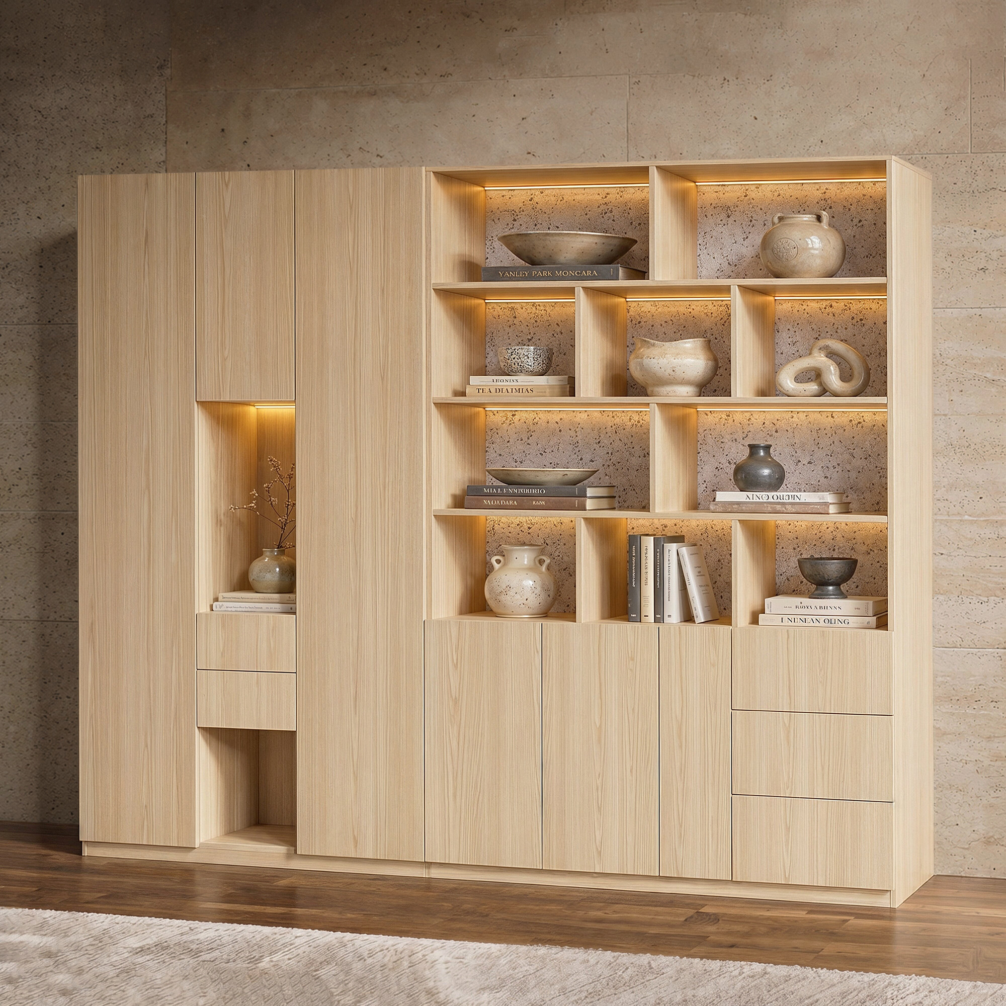 Modular Display Cabinet Set with Drawers-Natural