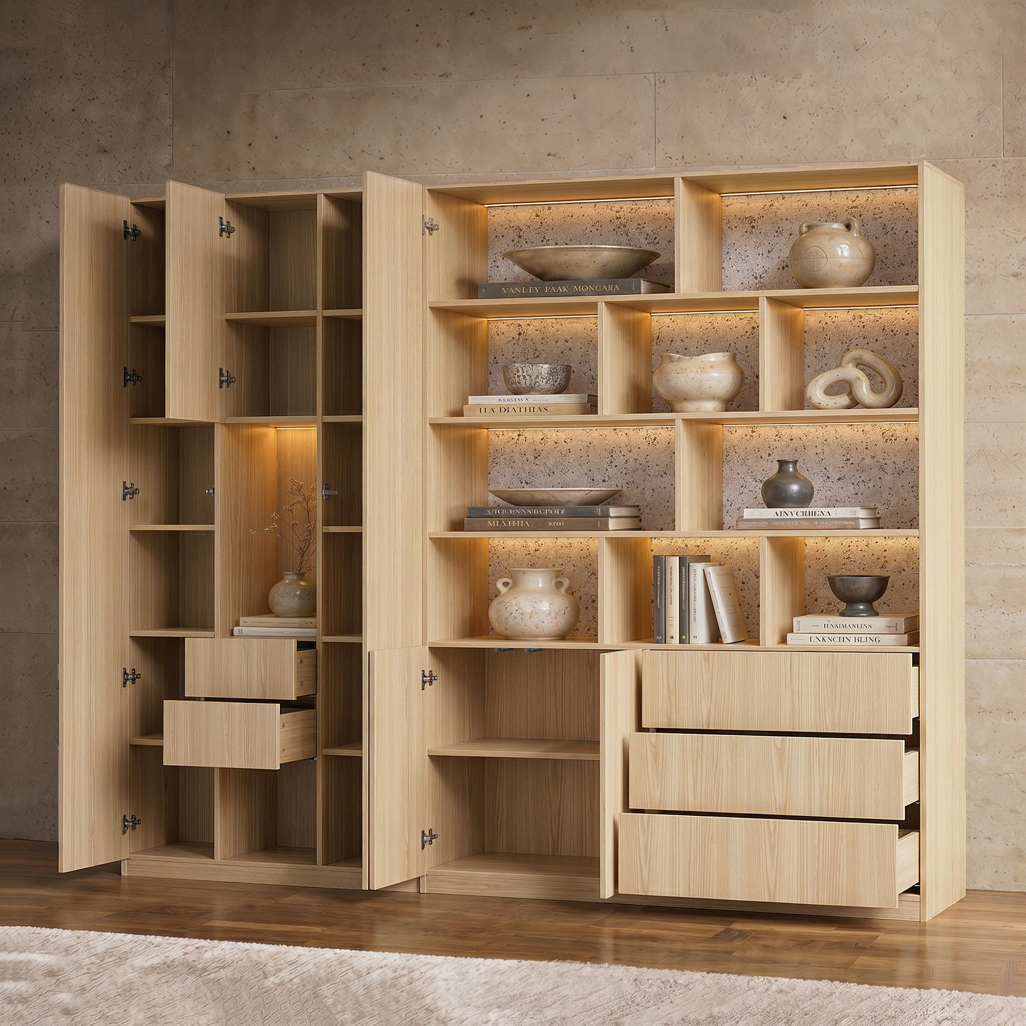 Modular Display Cabinet Set with Drawers-Natural