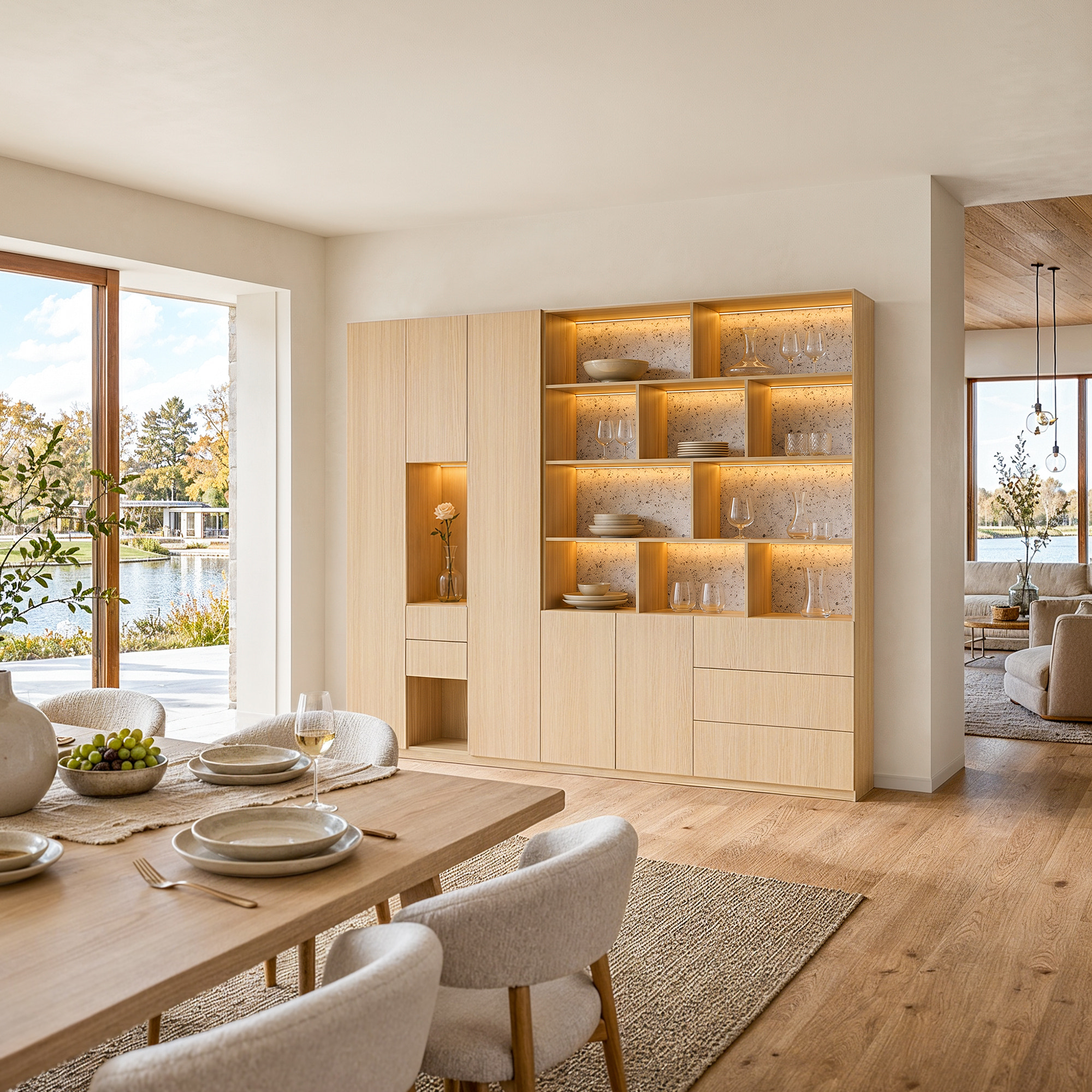 Modular Display Cabinet Set with Drawers-Natural