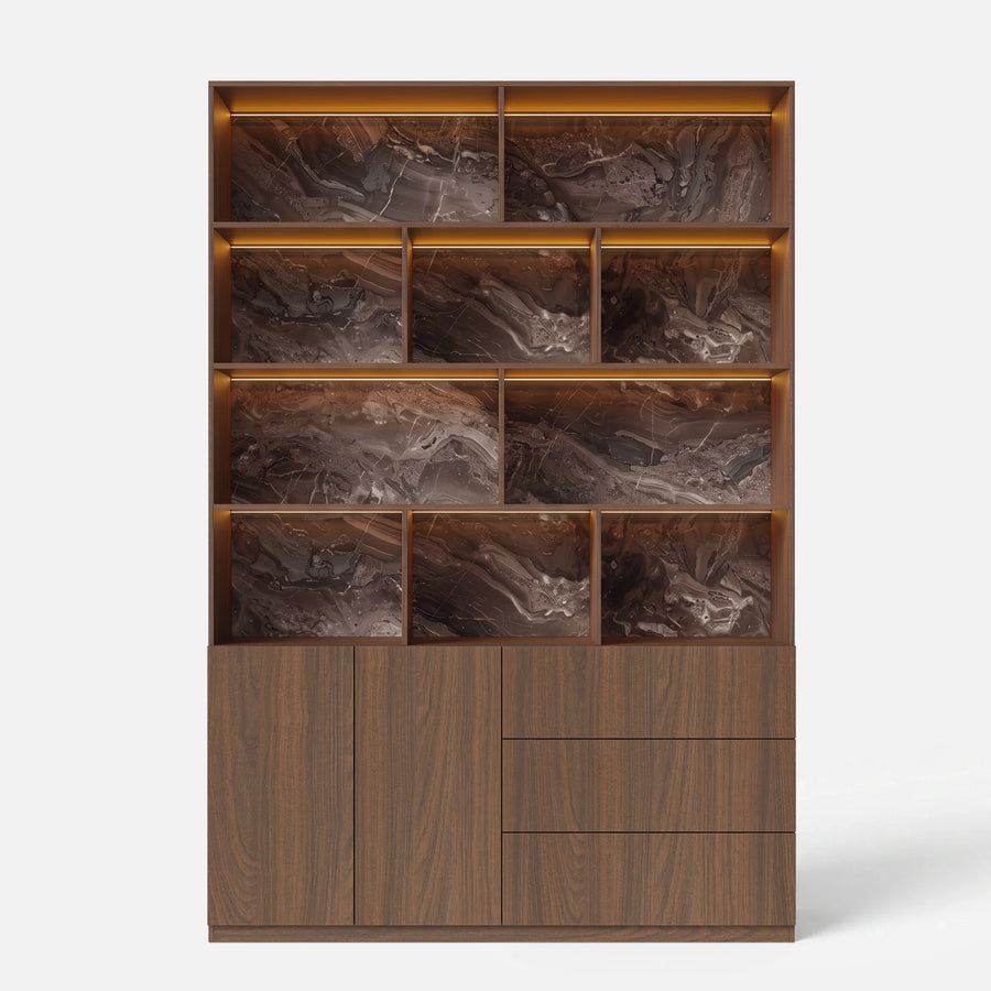 Storage Cabinet with Open Shelves and Drawers-Brown