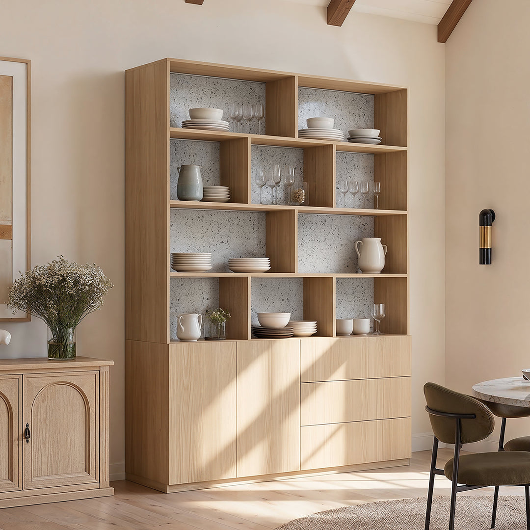 Storage Cabinet with Open Shelves and Drawers