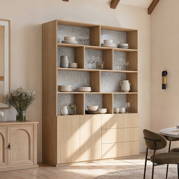 Storage Cabinet with Open Shelves and Drawers-Natural