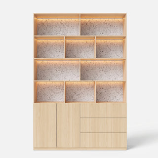 Storage Cabinet with Open Shelves and Drawers-Natural