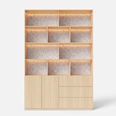 Storage Cabinet with Open Shelves and Drawers-Natural